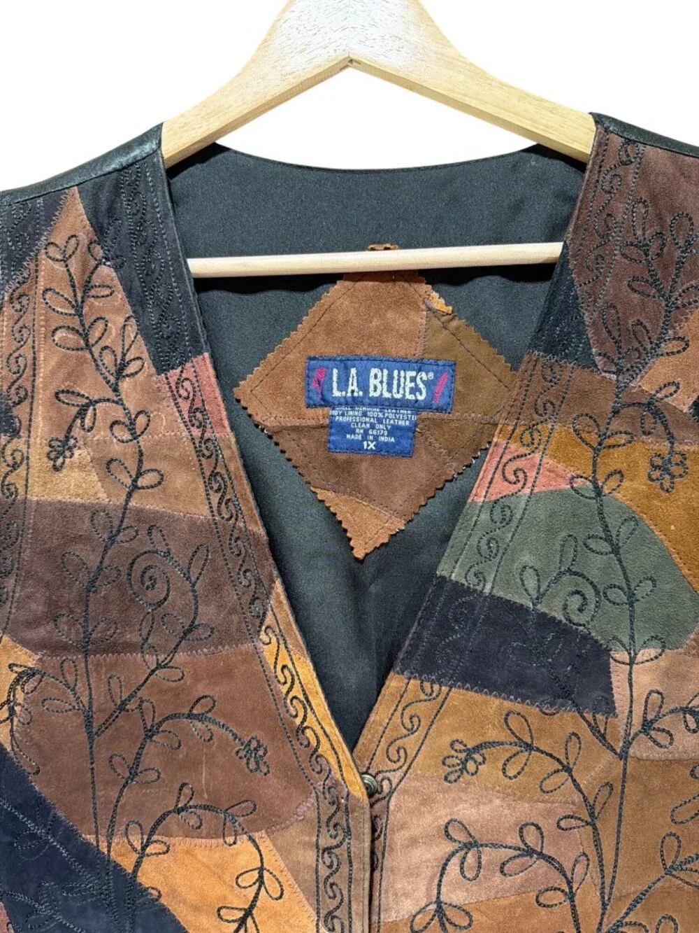 LA Blues Vintage 90s Earth Tone Patchwork Leather Suede Vest With Embroidered Vi